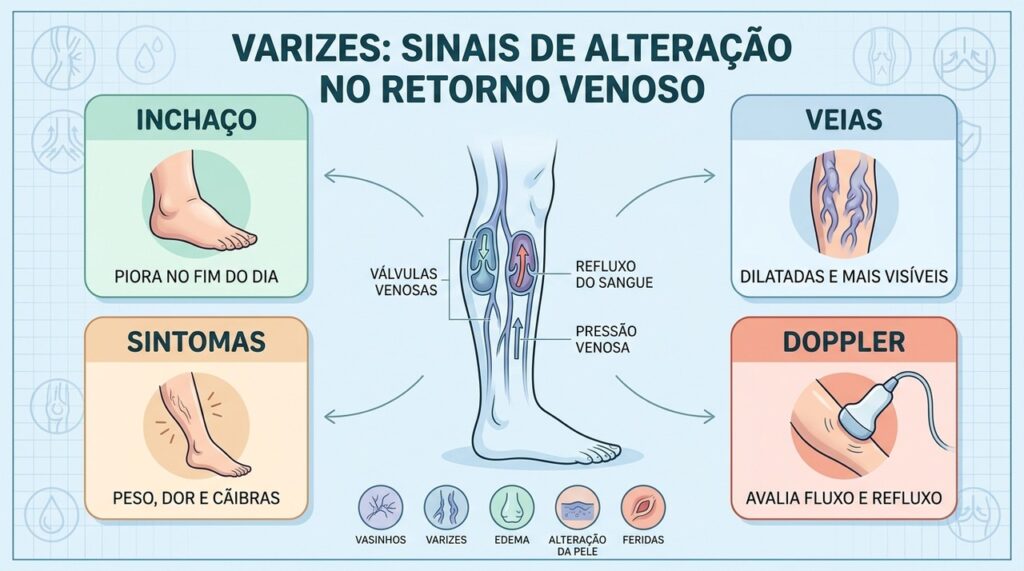 Inchaço, veias dilatadas, sintomas e Doppler ajudam na investigação das varizes.