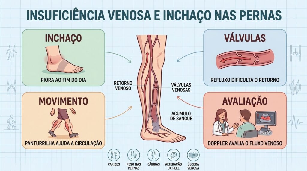 Inchaço, válvulas venosas, movimento e Doppler ajudam a entender a insuficiência venosa.