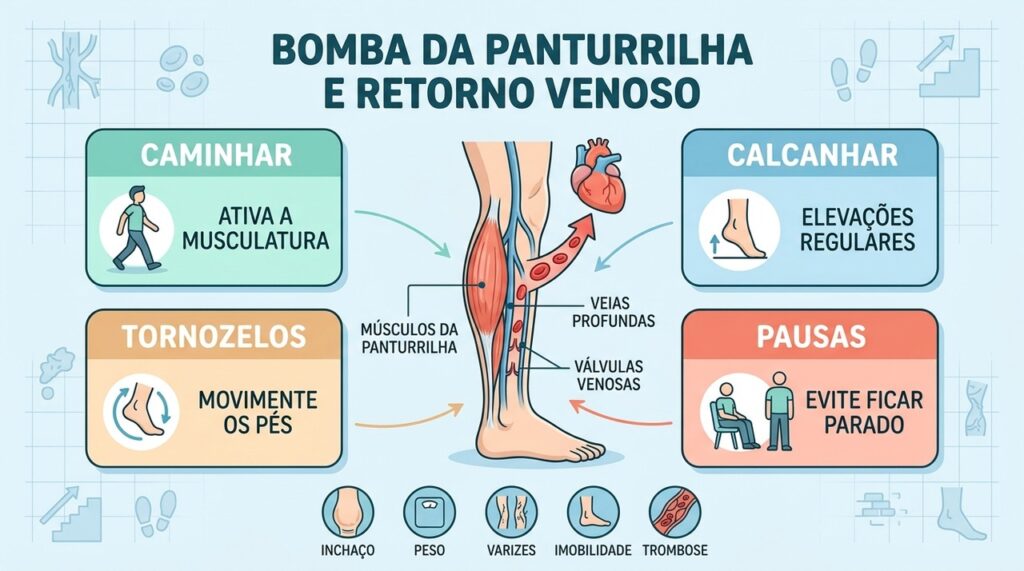 Movimento, válvulas venosas e músculos da panturrilha sustentam o retorno do sangue das pernas.