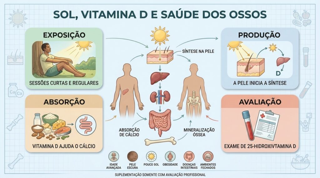 Sol, síntese de vitamina D, cálcio e avaliação sustentam a saúde óssea.