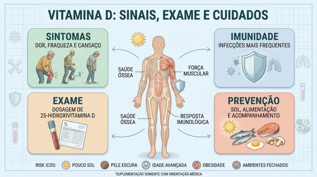 Sintomas, imunidade, exame e prevenção orientam a investigação da vitamina D.