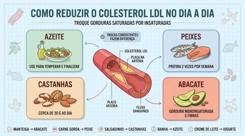 Azeite, peixes, castanhas e abacate ajudam a substituir gorduras saturadas no cotidiano.
