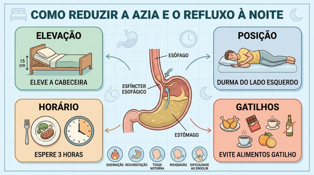 Elevação, posição, horário das refeições e gatilhos ajudam a controlar o refluxo noturno.