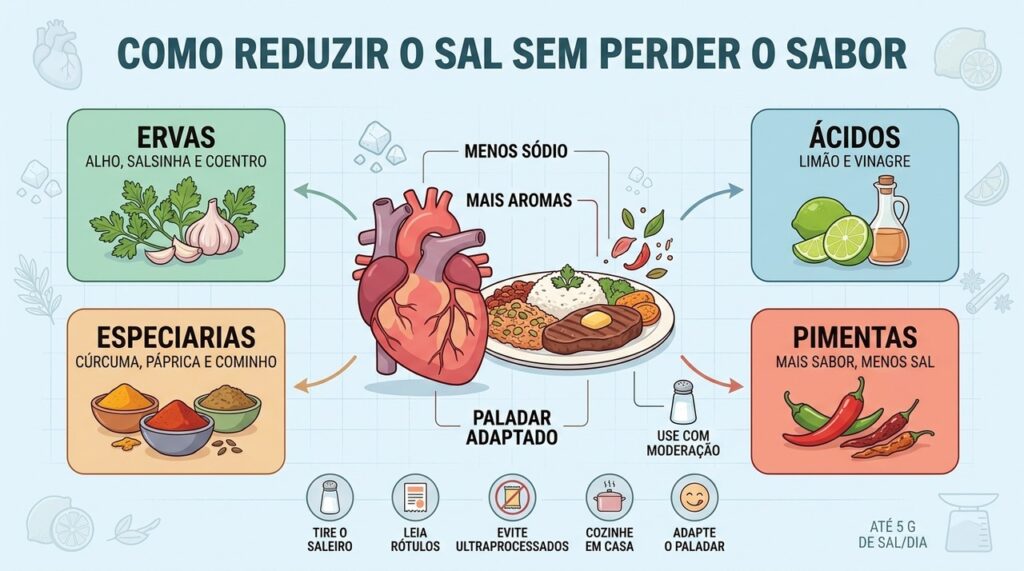 Ervas, ácidos, especiarias e pimentas ajudam o paladar a se adaptar a menos sal.