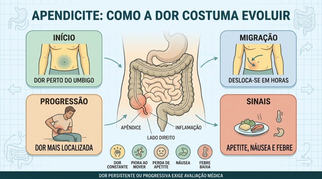A dor da apendicite costuma migrar, intensificar e ganhar sinais associados.