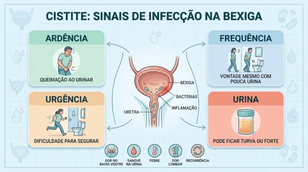 Ardência, frequência, urgência e alterações na urina ajudam a reconhecer sinais de cistite.