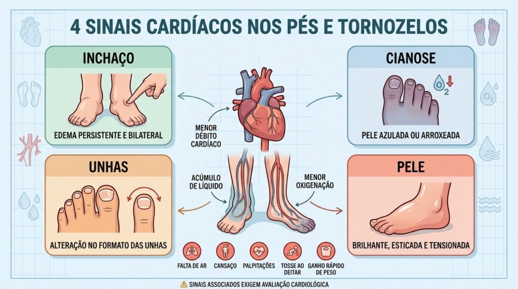 Edema, cianose, unhas alteradas e pele brilhante podem indicar comprometimento cardíaco.