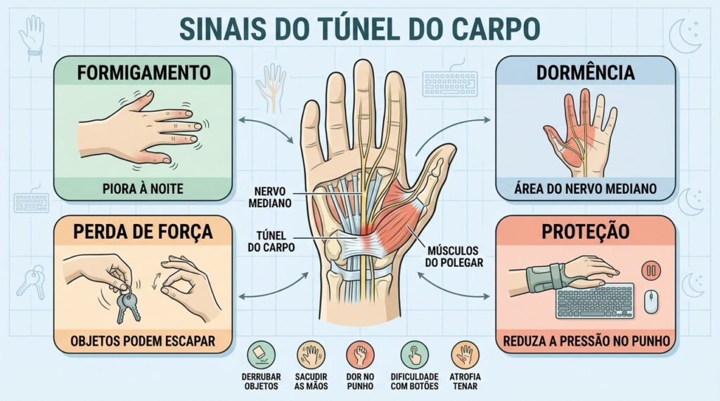 Formigamento, dormência e perda de força podem indicar compressão do nervo mediano.