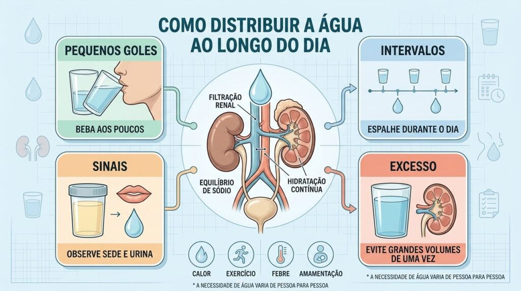 Goles menores, intervalos regulares e atenção aos sinais corporais favorecem uma hidratação segura.