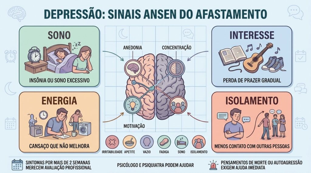 Sono, anedonia, cansaço e isolamento ajudam a reconhecer sinais precoces de depressão.