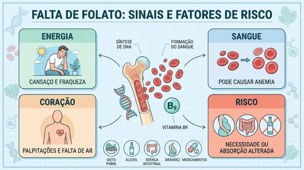 Folato baixo pode afetar DNA, sangue, energia e desempenho cardiovascular.