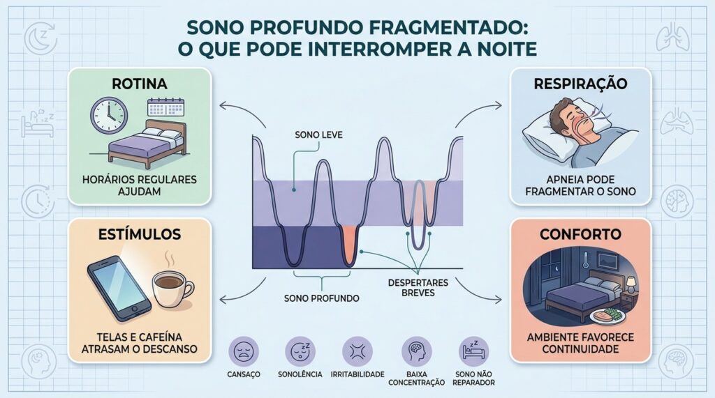 Rotina, respiração, estímulos e ambiente influenciam a continuidade do sono profundo.