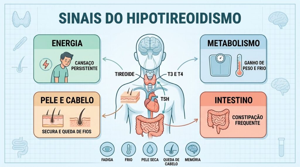 Cansaço, frio, pele seca e constipação estão entre os sinais mais frequentes.