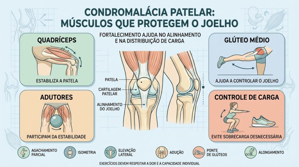 Quadríceps, glúteo médio, adutores e controle de carga sustentam melhor a patela.