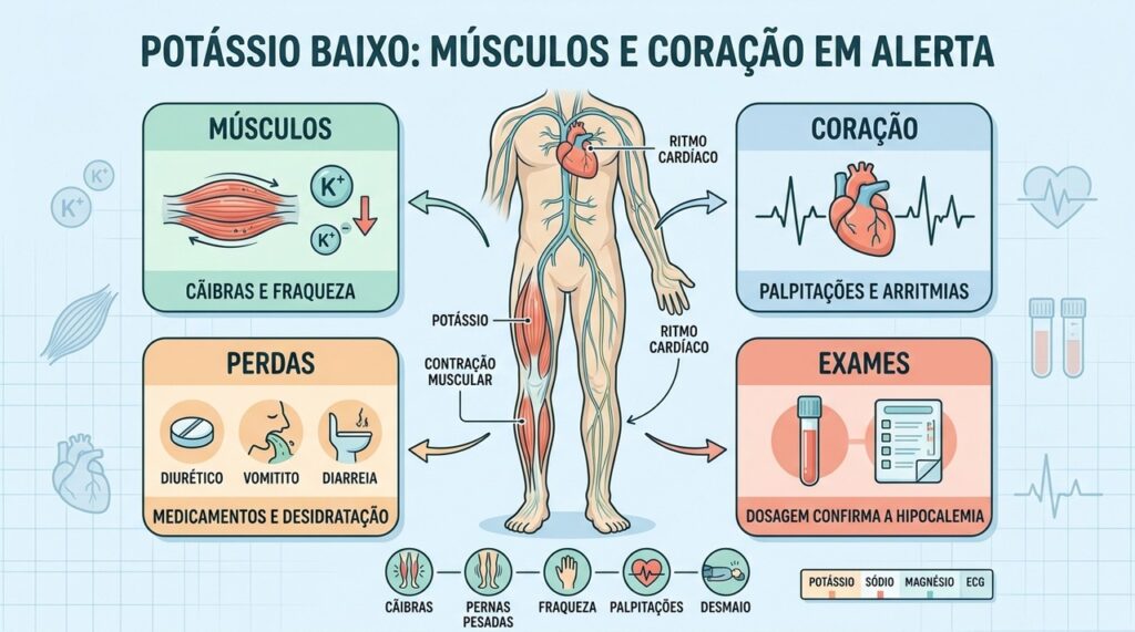 Potássio baixo afeta contração muscular, força nas pernas e atividade elétrica cardíaca.