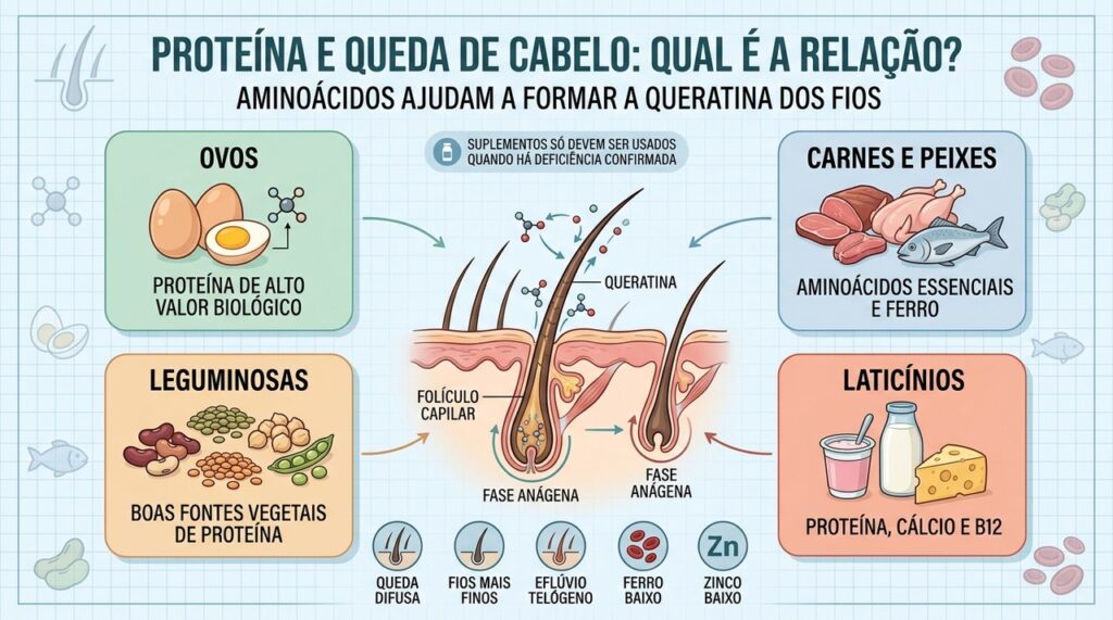 Ovos, carnes, leguminosas e laticínios fornecem matéria-prima para queratina e crescimento capilar.