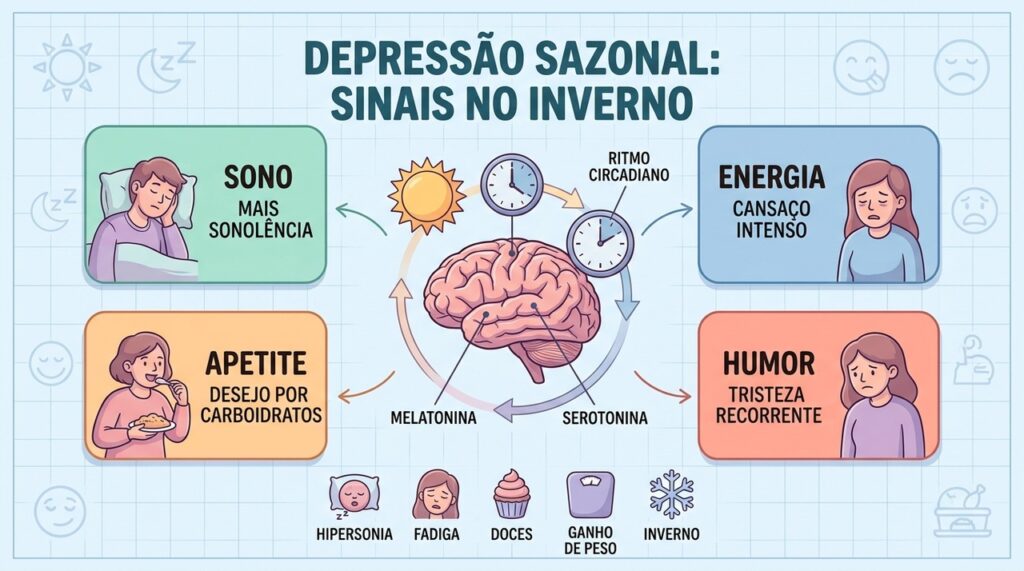 Sono, energia, apetite e humor mudam no inverno e podem sinalizar depressão sazonal.