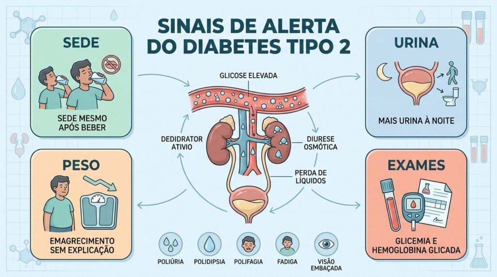 Sede, urina frequente, perda de peso e exames ajudam a reconhecer diabetes tipo 2.