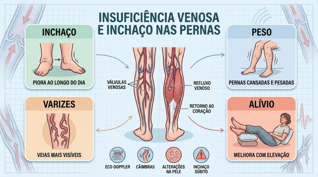 Inchaço, peso, varizes e refluxo venoso ajudam a reconhecer a insuficiência venosa.
