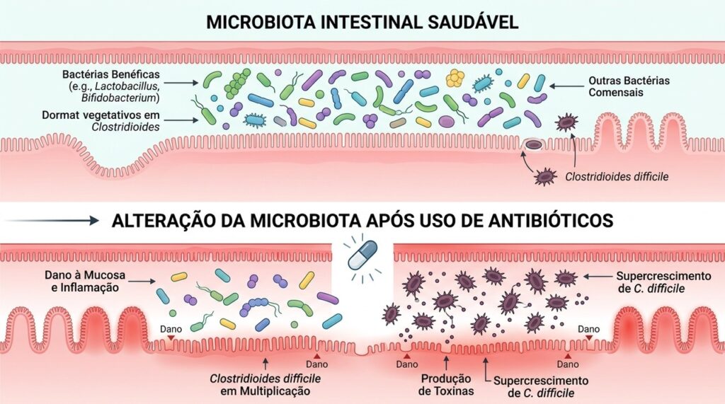 Os antibióticos podem alterar a microbiota intestinal e favorecer diarreia, inclusive por C. diff em alguns casos.