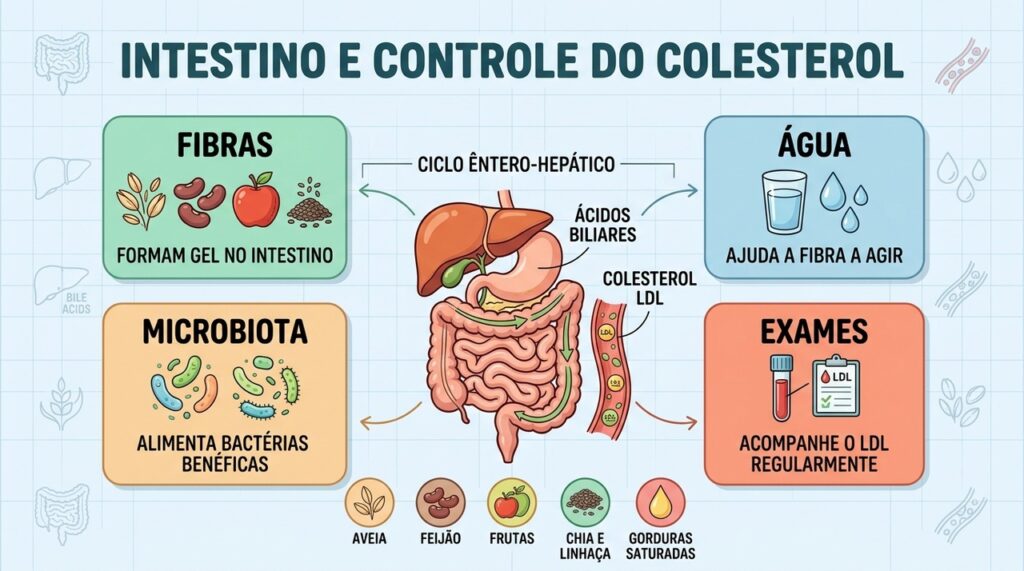 Intestino, fibras, microbiota e exames formam uma estratégia complementar contra o colesterol elevado.