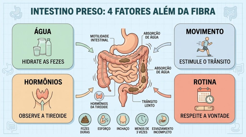 Água, movimento, hormônios e rotina influenciam o trânsito intestinal além das fibras.