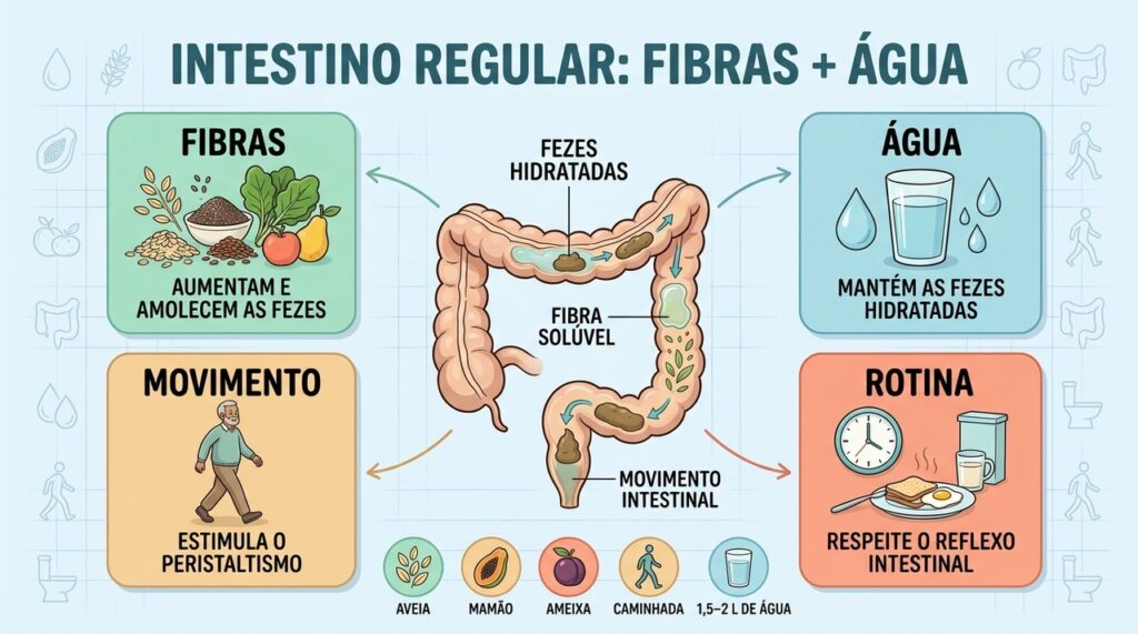 Água, fibras, movimento e rotina formam os pilares para um intestino mais regular.
