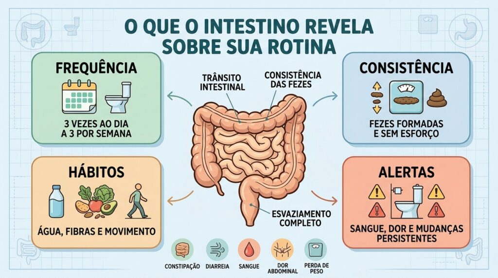 Quatro pilares ajudam a interpretar frequência, consistência, hábitos e sinais de alerta intestinais.
