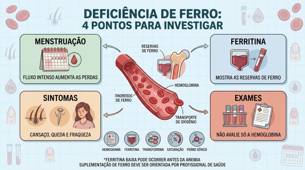 Menstruação, ferritina, sintomas e exames ajudam a identificar deficiência de ferro.