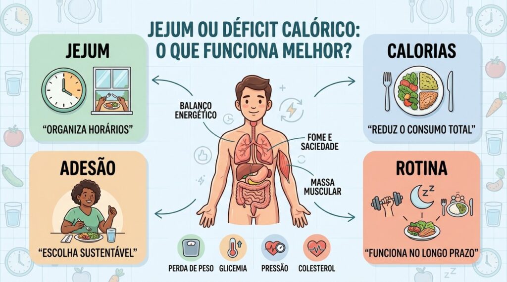 Quatro fatores ajudam a escolher entre jejum intermitente e déficit calórico com equilíbrio.