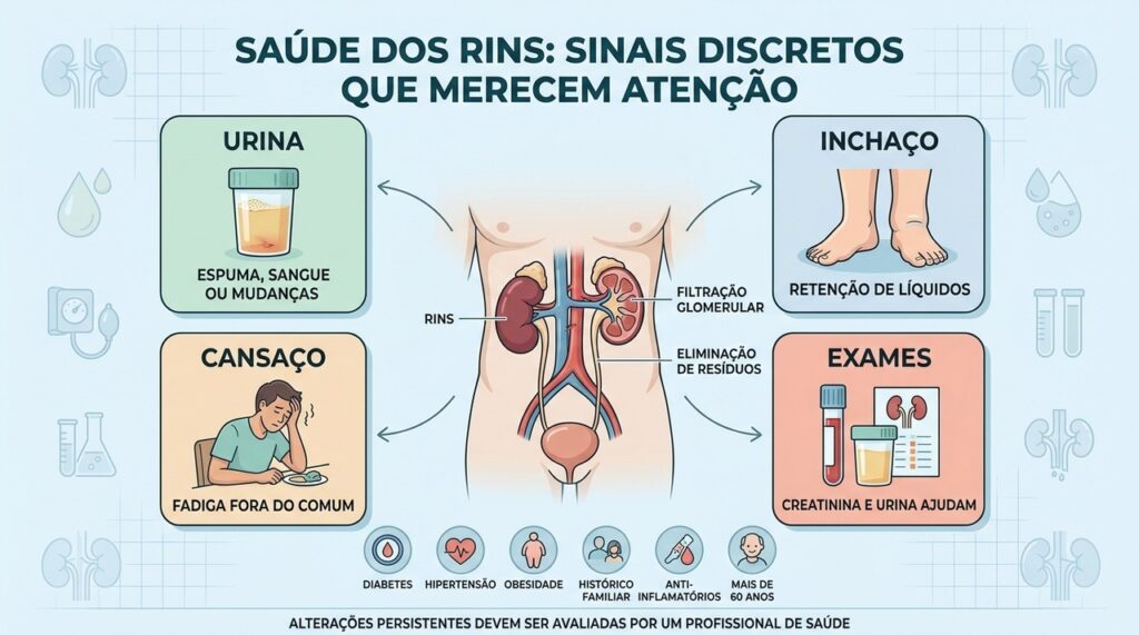 Urina, inchaço, cansaço e exames ajudam a identificar alterações renais precocemente.