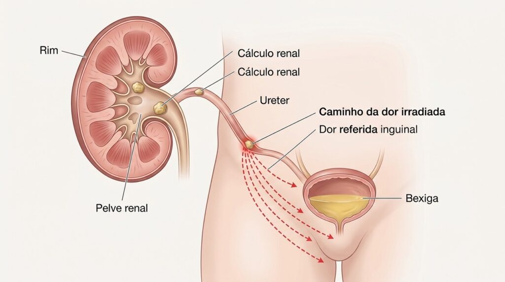 A cólica renal pode surgir quando uma pedra se desloca pelo ureter e provoca dor que irradia para a virilha.