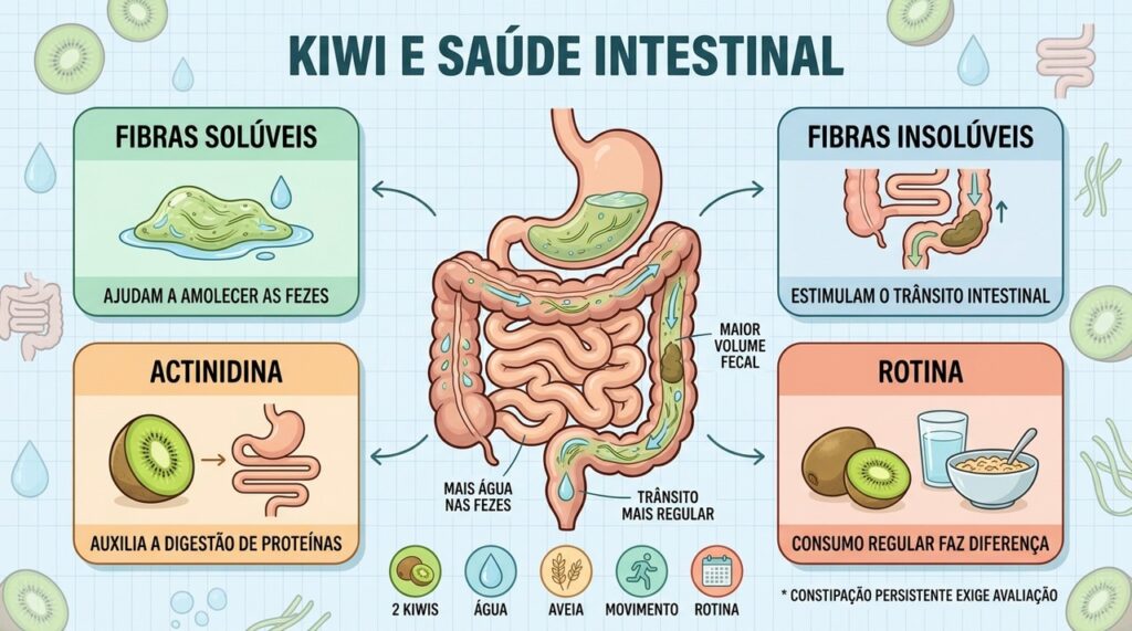 Fibras, actinidina, água e rotina ajudam o kiwi a favorecer o intestino.