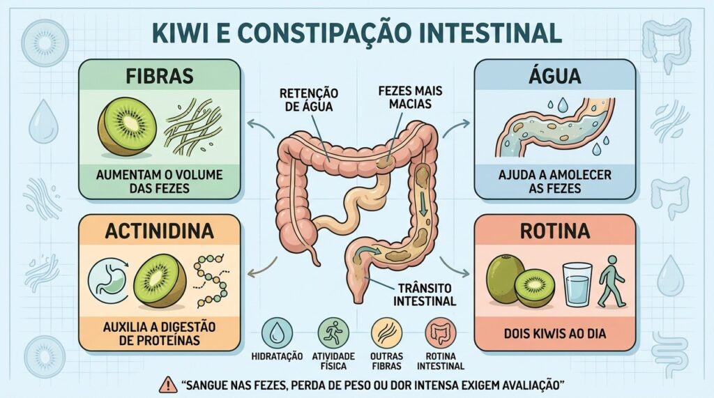 Fibras, água, actinidina e rotina explicam como o kiwi favorece o intestino.