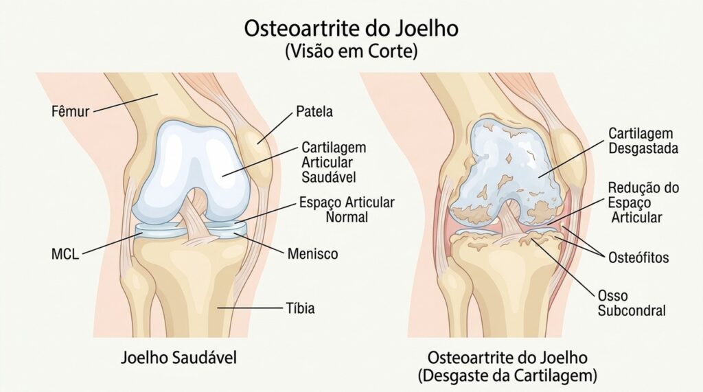 Na artrose do joelho, alterações da cartilagem e de outros tecidos da articulação podem causar dor, rigidez e limitação.