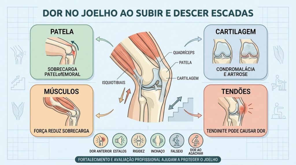 Patela, cartilagem, músculos e tendões explicam causas frequentes de dor nas escadas.