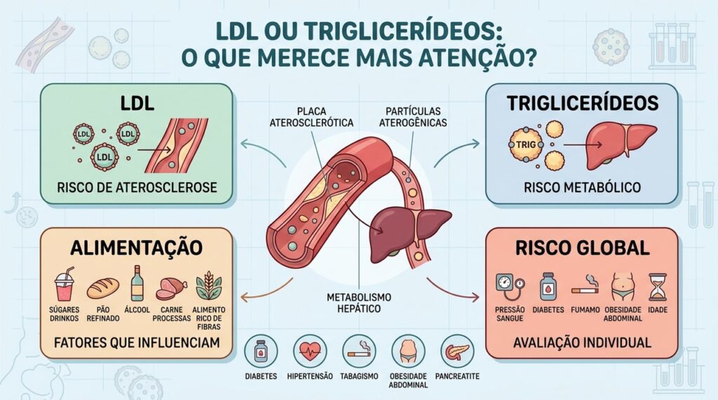 LDL, triglicerídeos, alimentação e risco global devem ser avaliados em conjunto.