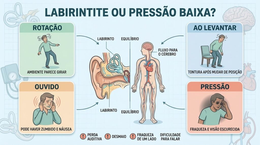 A tontura da labirintite é bem diferente da tontura causada pela pressão baixa