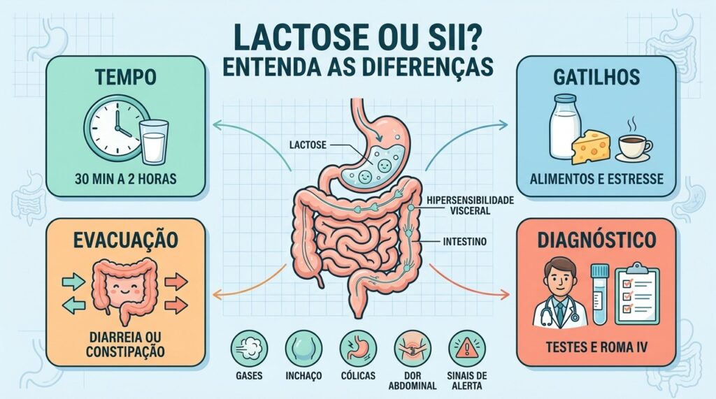 Tempo, gatilhos, evacuação e exames ajudam a diferenciar lactose e síndrome do intestino irritável.