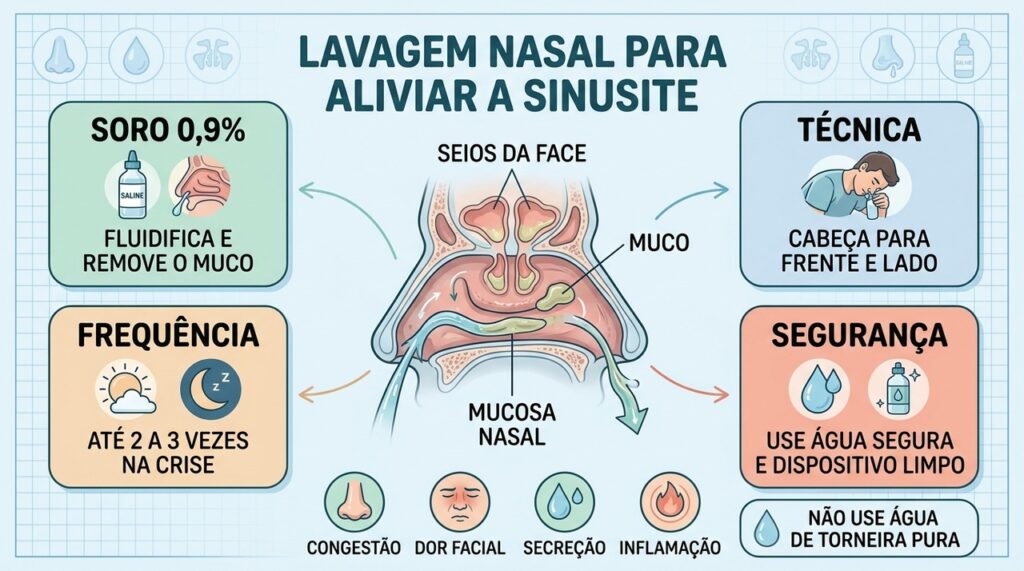 Soro fisiológico, técnica correta, frequência adequada e água segura são essenciais na lavagem nasal.