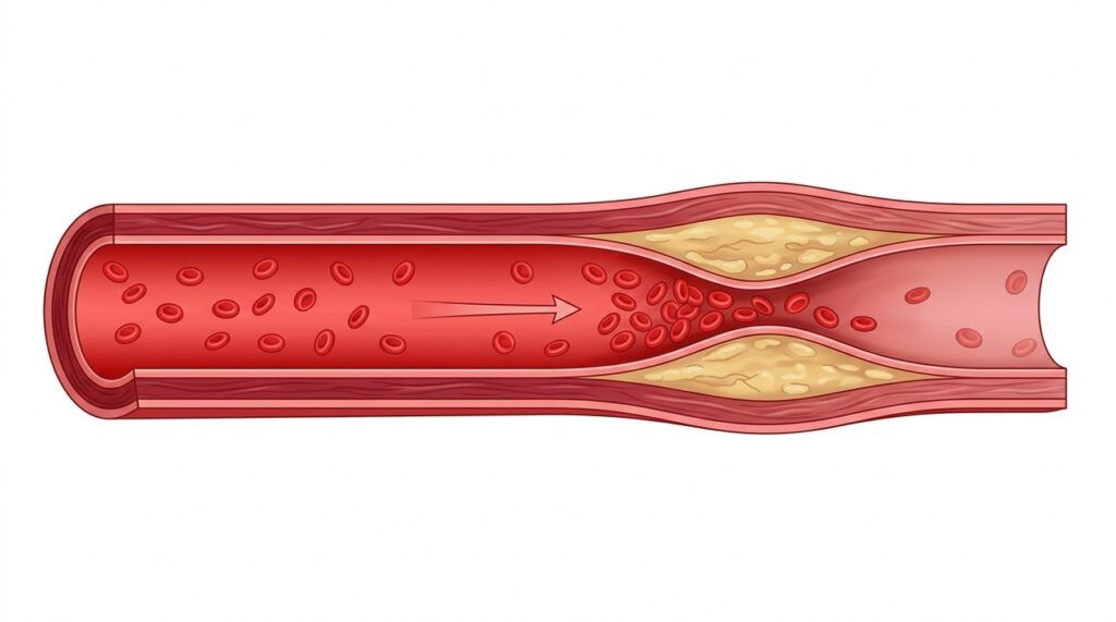O estreitamento das artérias pode reduzir o fluxo de sangue para os músculos durante a caminhada.