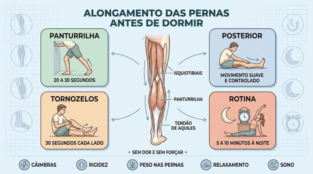 Panturrilhas, posteriores e tornozelos podem ser alongados suavemente antes de deitar.