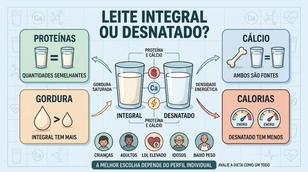 Proteína e cálcio são semelhantes; gordura, calorias e necessidades individuais orientam a escolha.