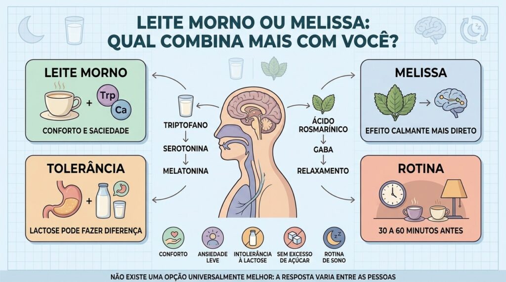 Leite favorece conforto; melissa atua no relaxamento, e a escolha depende do perfil.