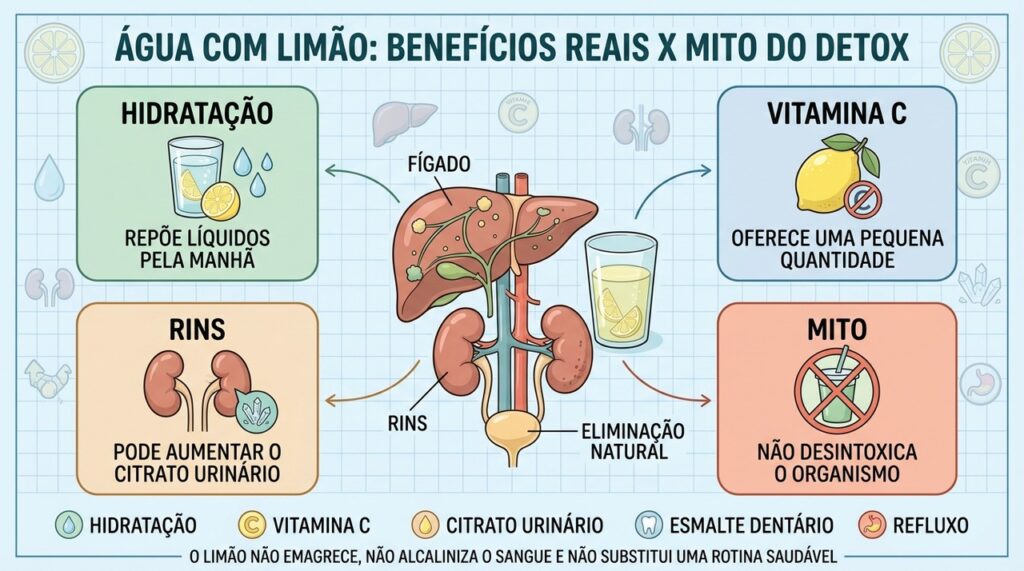Hidratação, vitamina C e citrato são benefícios reais; desintoxicação é mito.