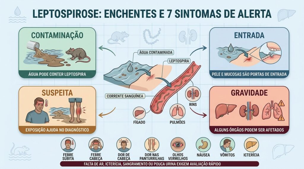 Enchentes, febre, dor nas panturrilhas e icterícia ajudam a reconhecer leptospirose.