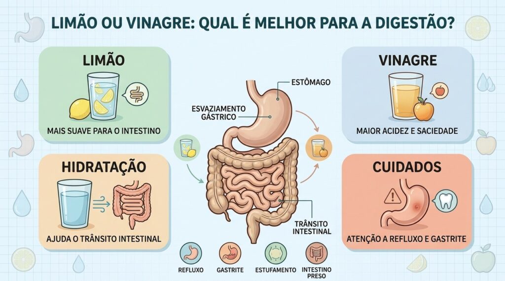 Limão, vinagre, hidratação e tolerância gástrica influenciam a escolha para digestão.