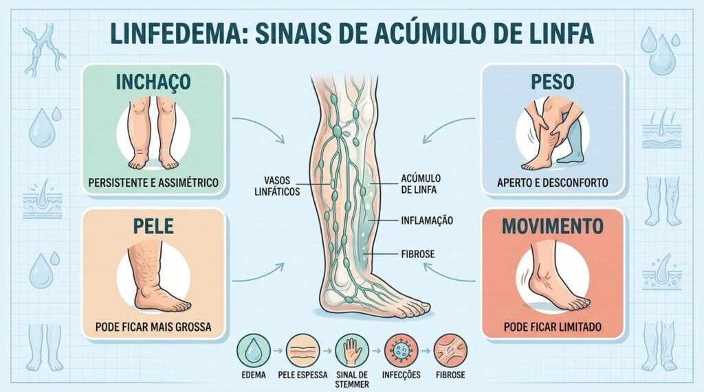 Inchaço persistente, peso, pele espessada e fibrose ajudam a reconhecer o linfedema.