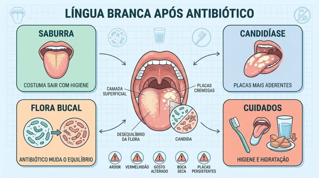Saburra, candidíase e alteração da flora podem causar língua branca após antibiótico.