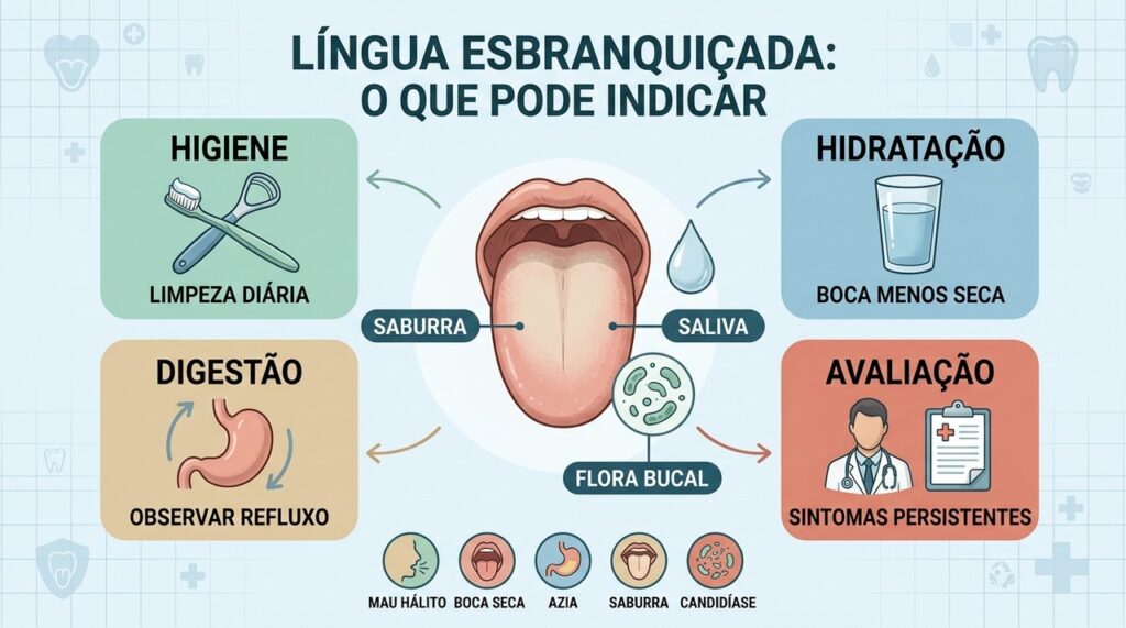 Saburra, boca seca e digestão podem estar interligadas no equilíbrio da saúde bucal.